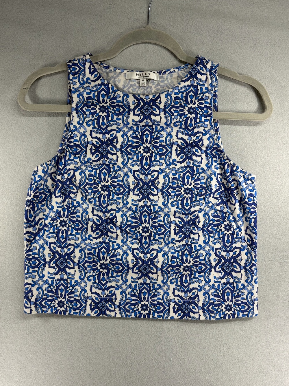 Milly Blue and White Tile-Print Cropped Tank XS